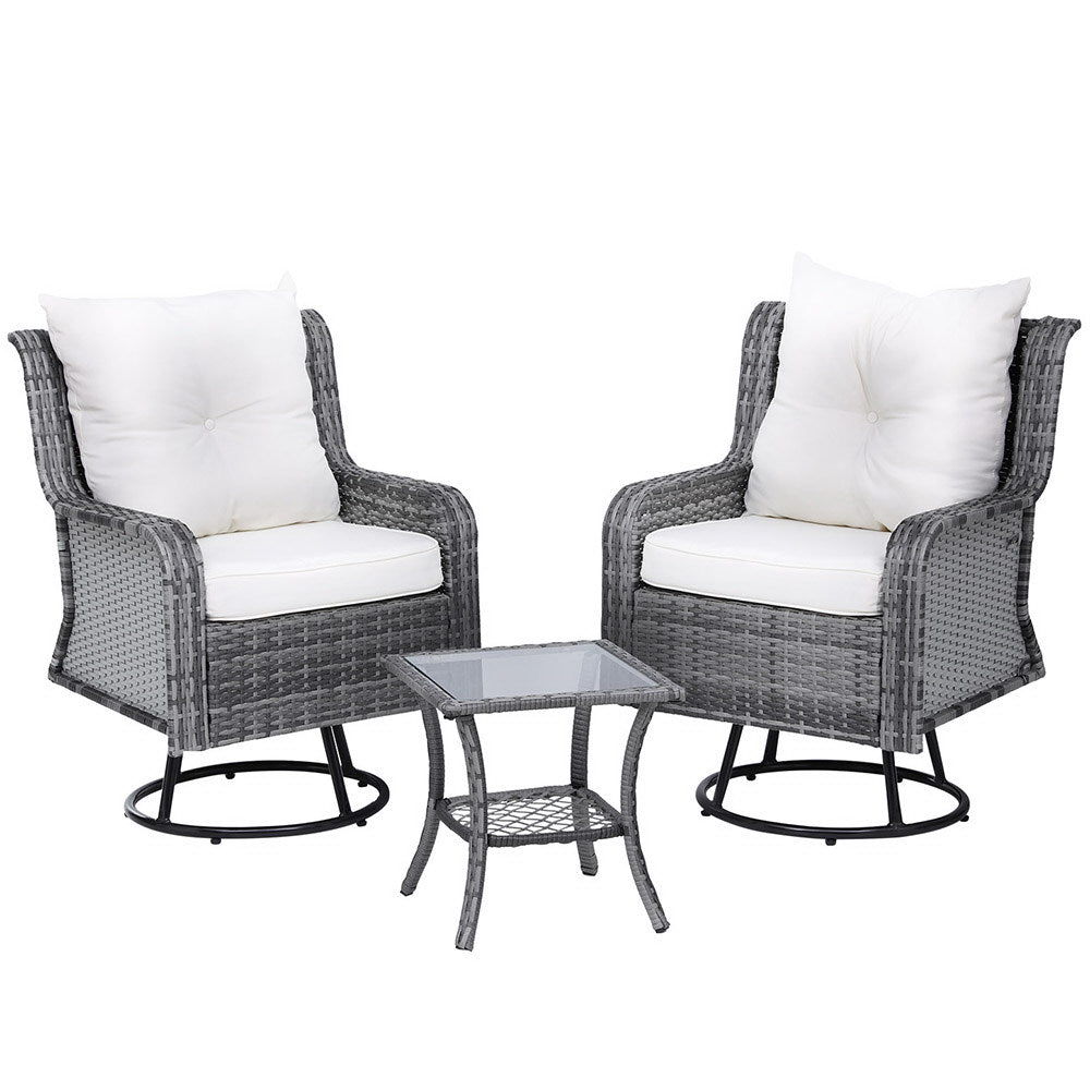 Cinzia 2-Seater Outdoor Furniture Wicker Swivel Chairs Table Cushion 3-Piece Bistro Set - Grey