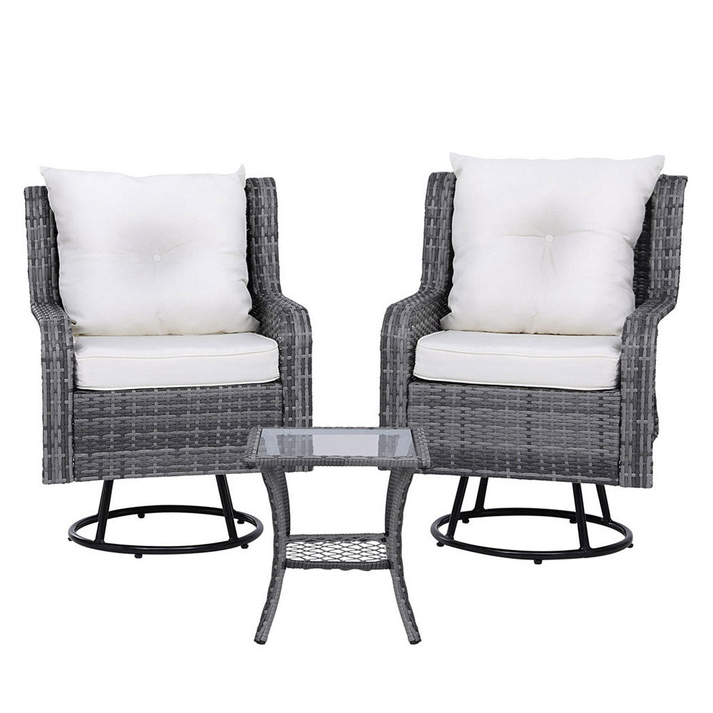 Cinzia 2-Seater Outdoor Furniture Wicker Swivel Chairs Table Cushion 3-Piece Bistro Set - Grey