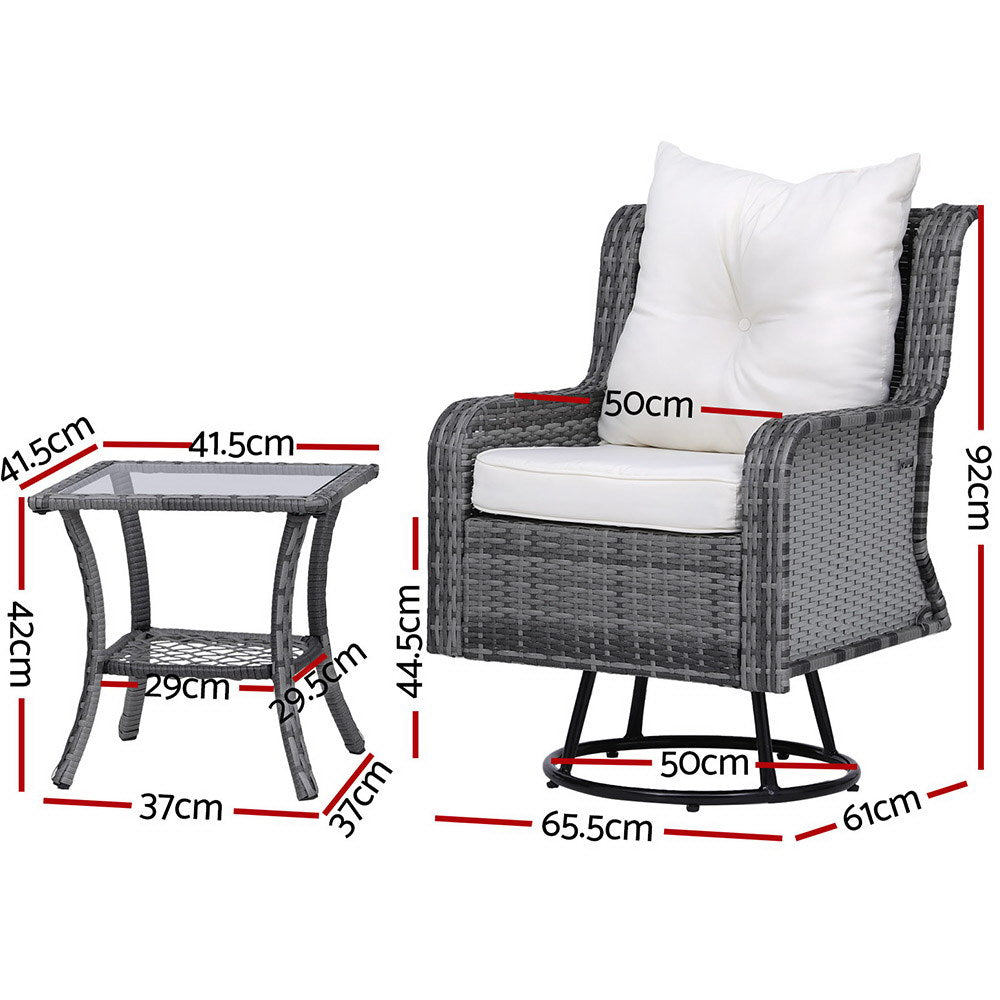 Cinzia 2-Seater Outdoor Furniture Wicker Swivel Chairs Table Cushion 3-Piece Bistro Set - Grey