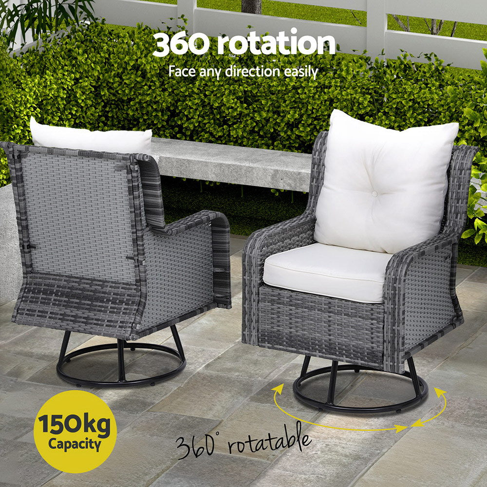 Cinzia 2-Seater Outdoor Furniture Wicker Swivel Chairs Table Cushion 3-Piece Bistro Set - Grey