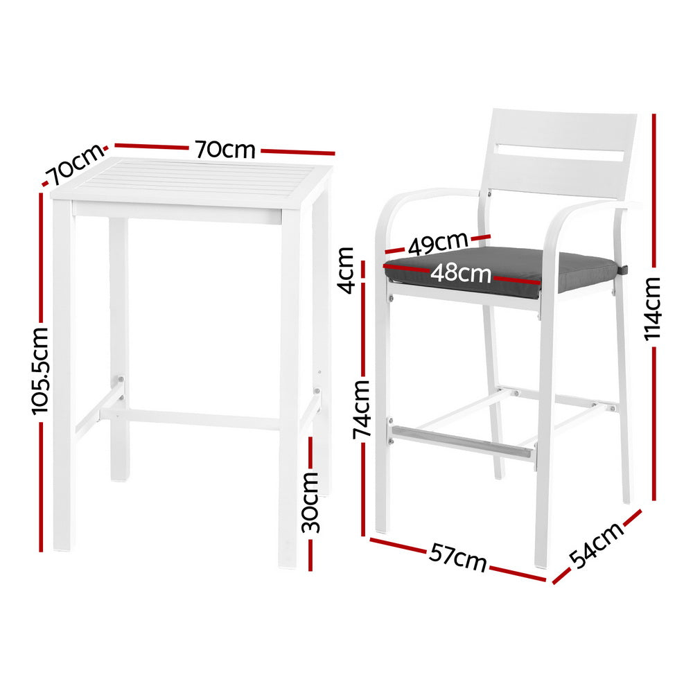 Julian Dining Chairs Table Patio Aluminium Bistro Set 3-Piece Outdoor Bar Set - White