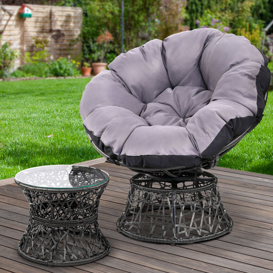 Outdoor Lounge Setting Papasan Chair Wicker Table Garden Furniture - Black