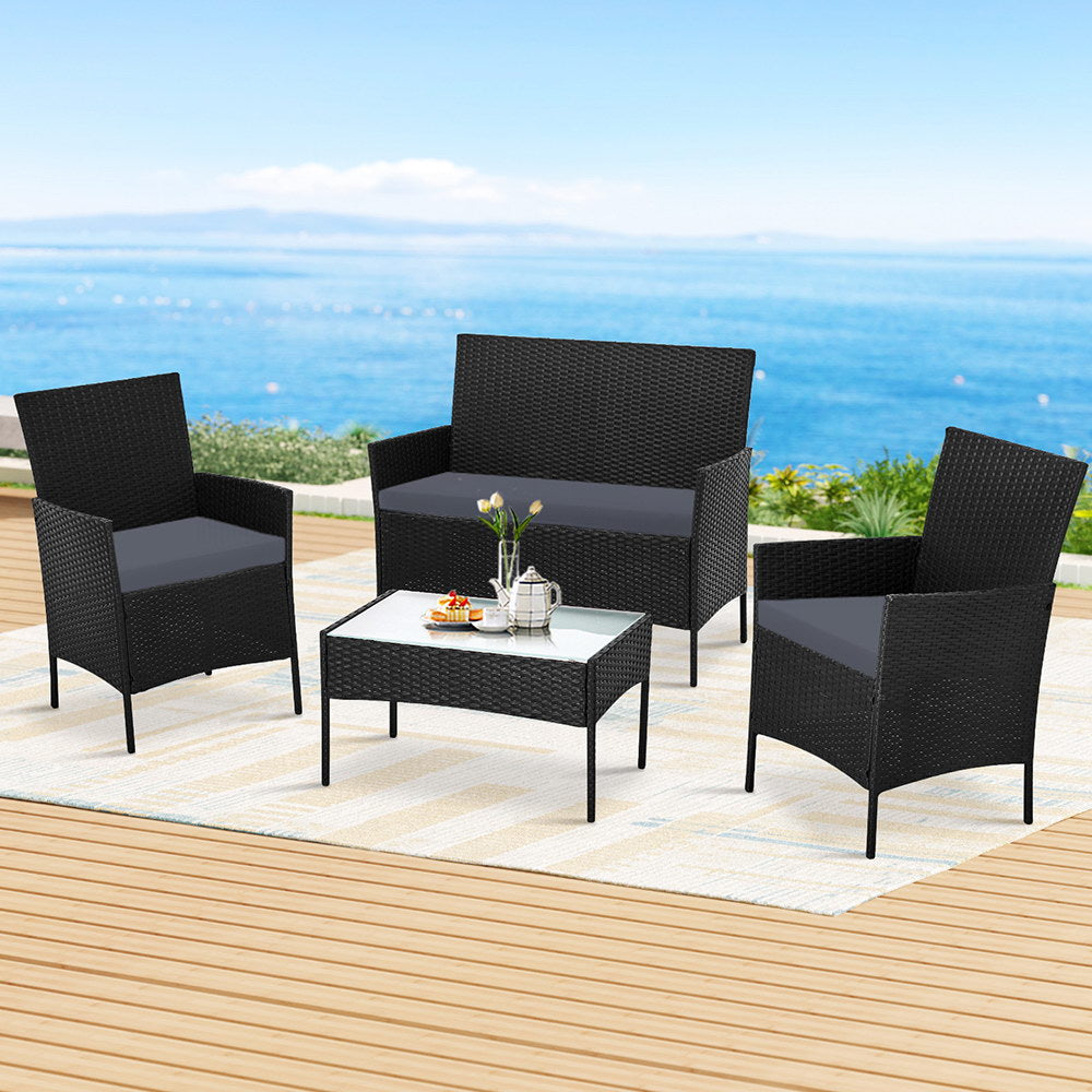 Justin 4-Seater Wicker Setting Table Chair Furniture 4-Piece Outdoor Sofa Set - Black