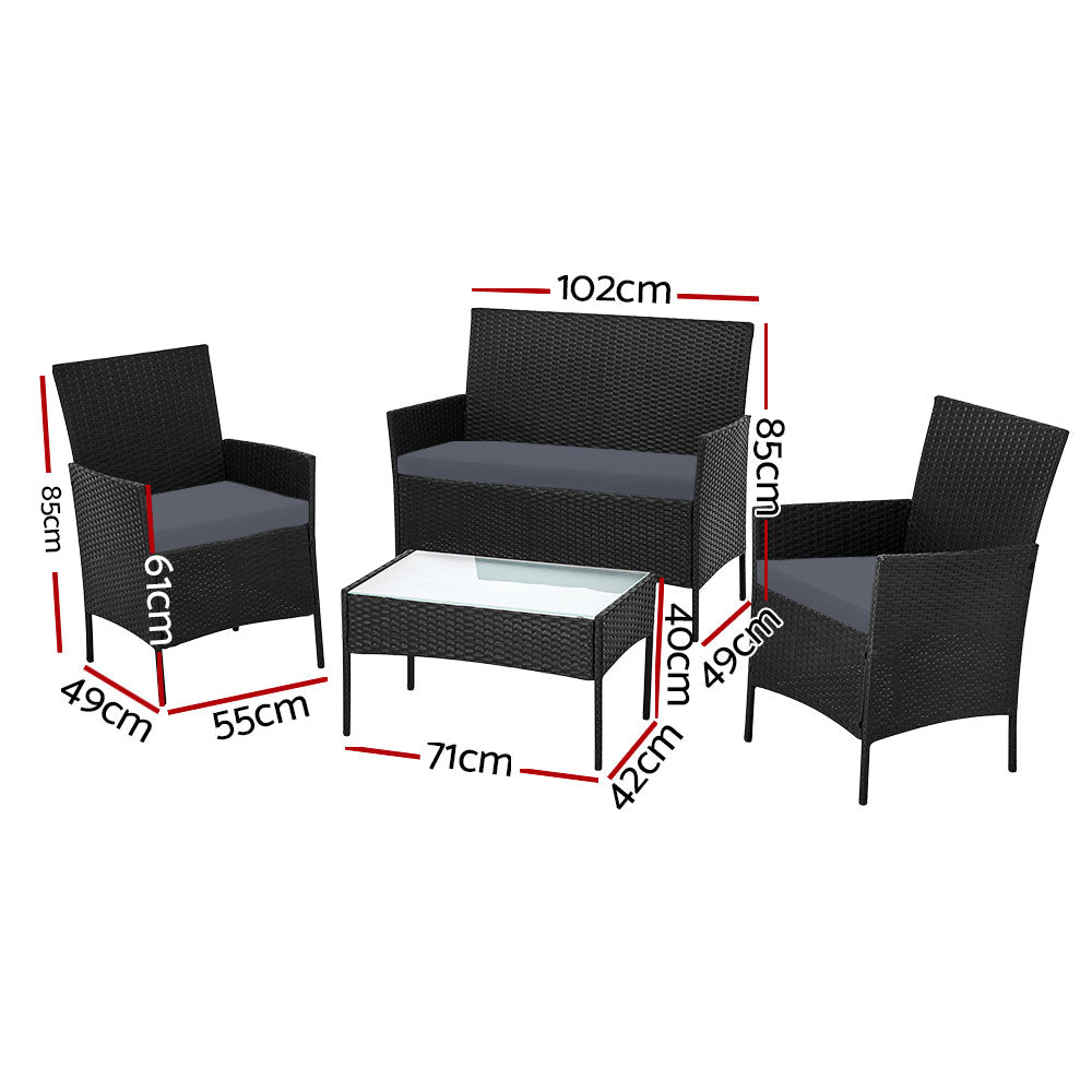 Justin 4-Seater Wicker Table Chair 4-Piece Outdoor Sofa Set with Storage Cover - Black