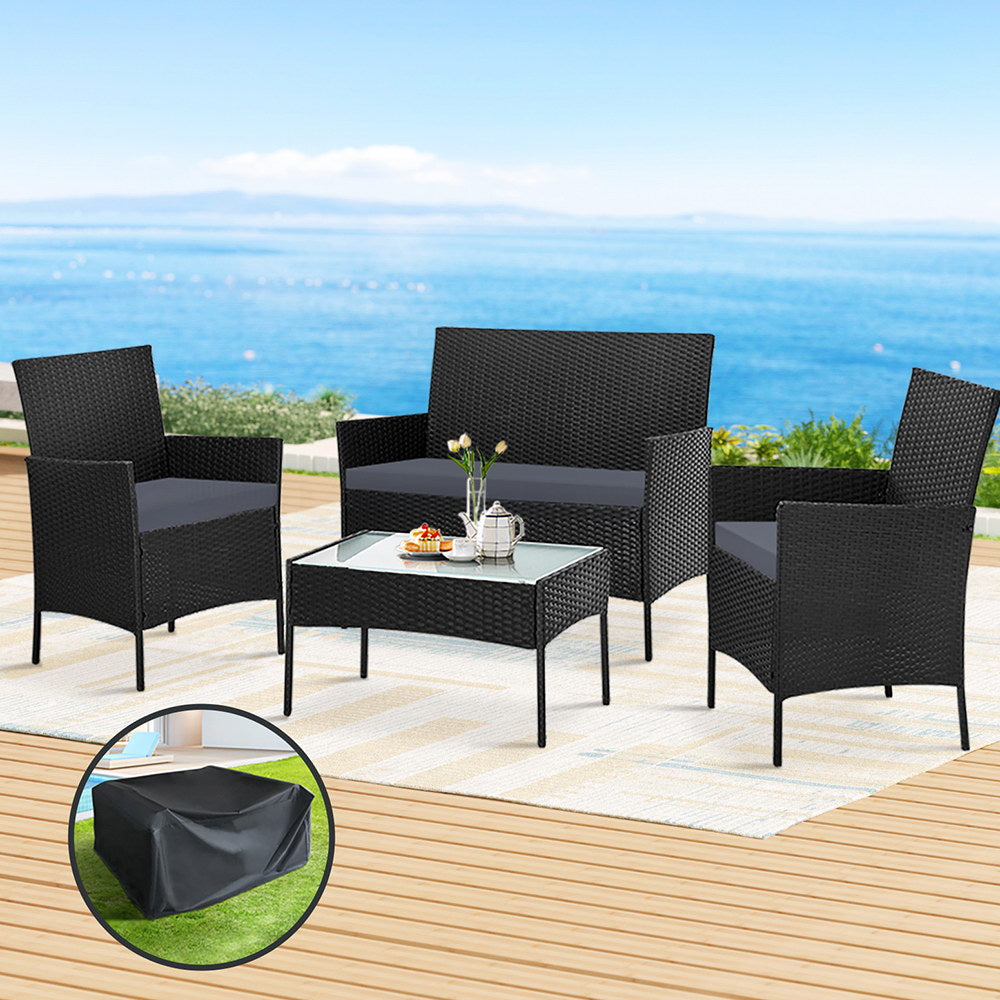 Justin 4-Seater Wicker Table Chair 4-Piece Outdoor Sofa Set with Storage Cover - Black