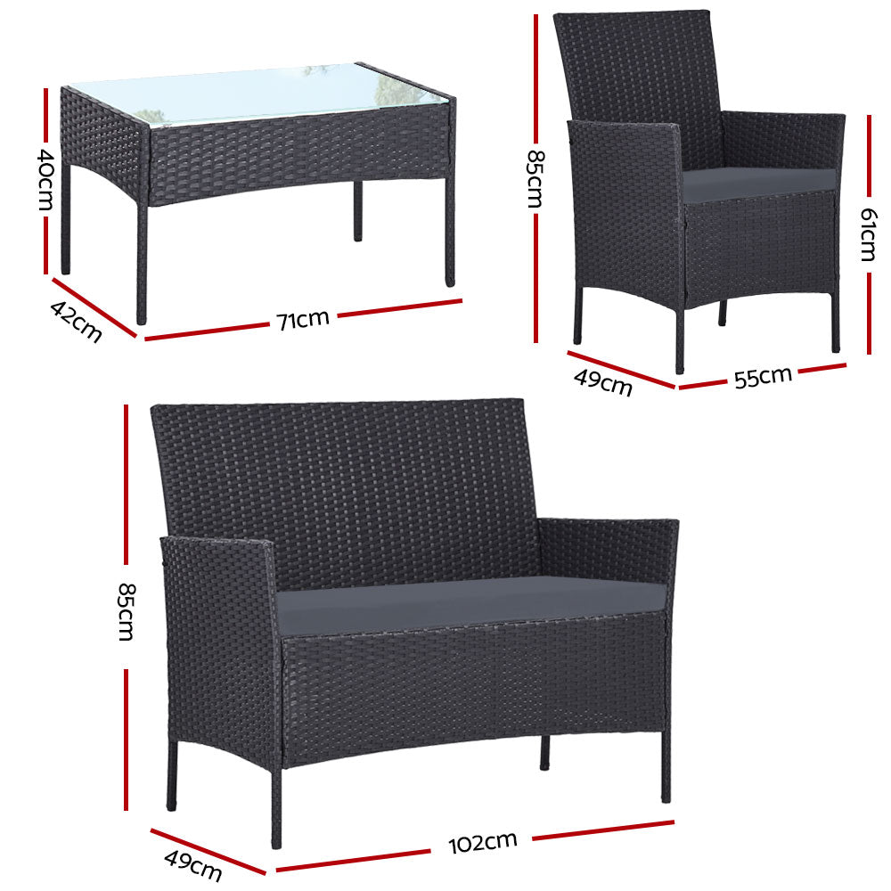 Justin 4-Seater Wicker Setting Table Chair Furniture 4-Piece Outdoor Sofa Set - Dark Grey