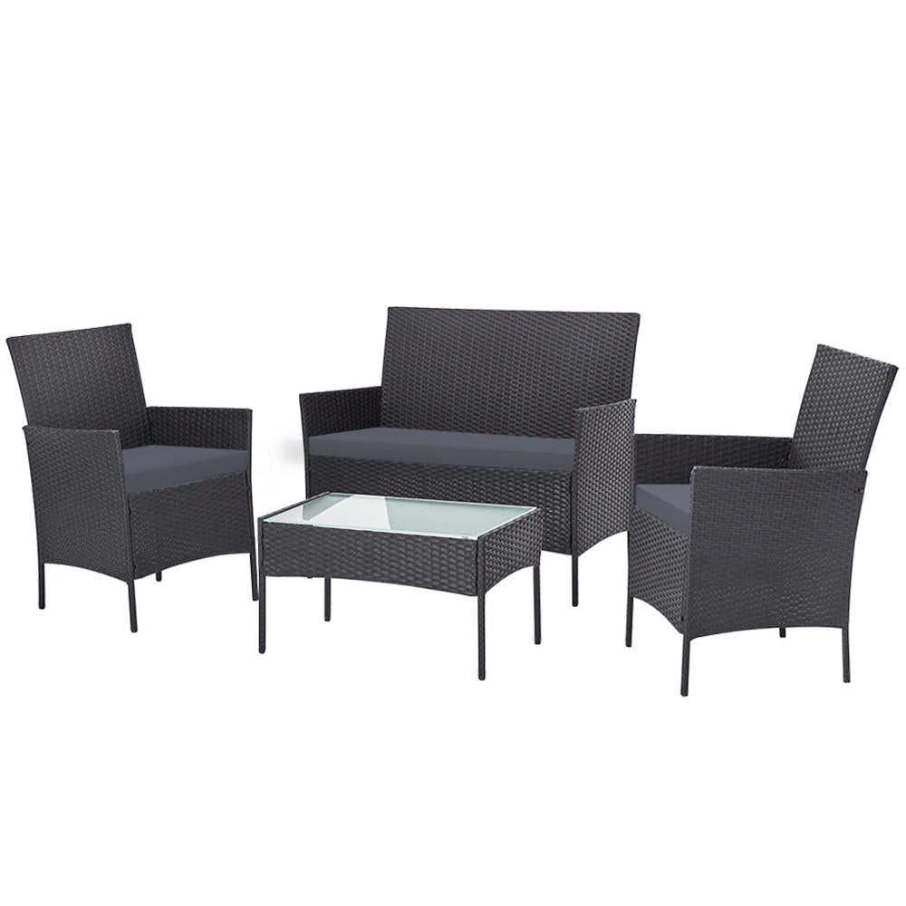 Justin 4-Seater Wicker Table Chair 4-Piece Outdoor Sofa Set with Storage Cover - Dark Grey