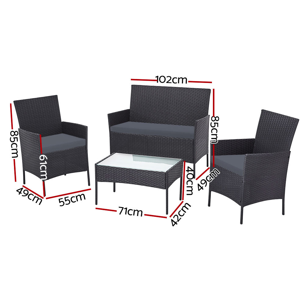 Justin 4-Seater Wicker Table Chair 4-Piece Outdoor Sofa Set with Storage Cover - Dark Grey