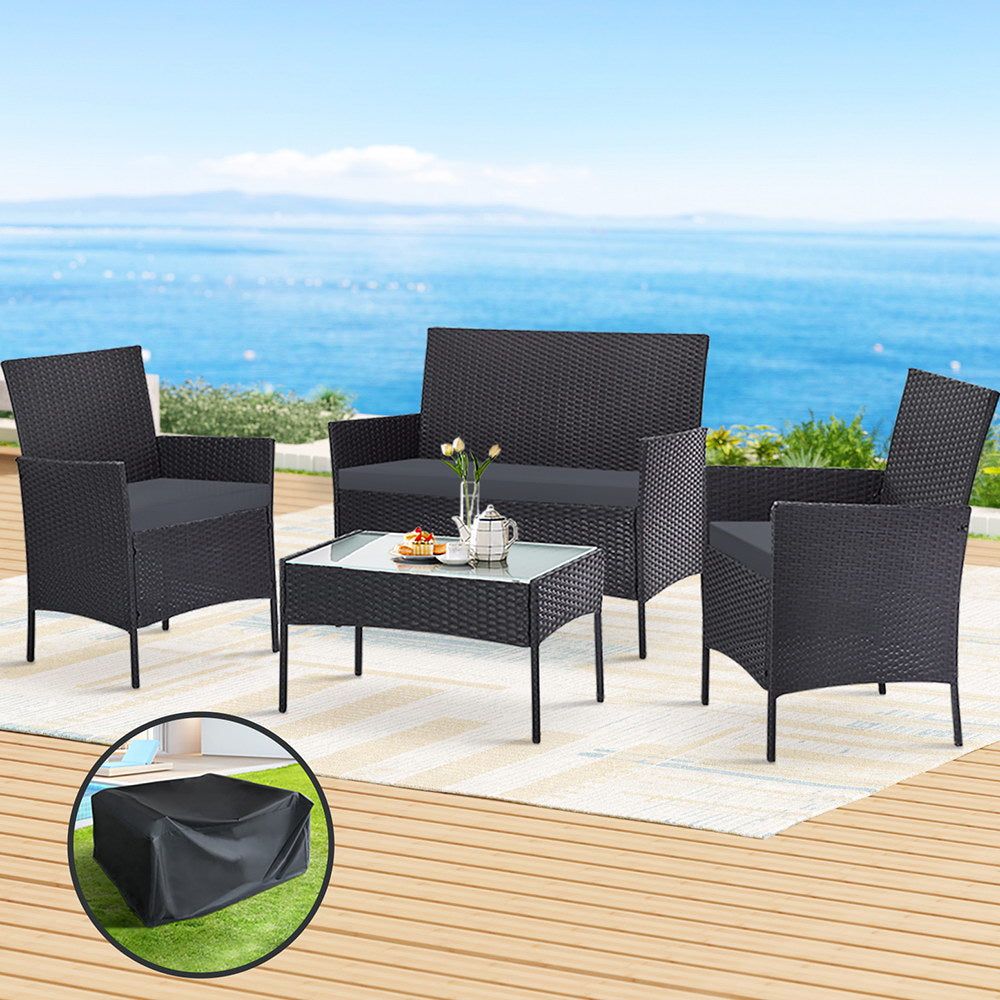 Justin 4-Seater Wicker Table Chair 4-Piece Outdoor Sofa Set with Storage Cover - Dark Grey