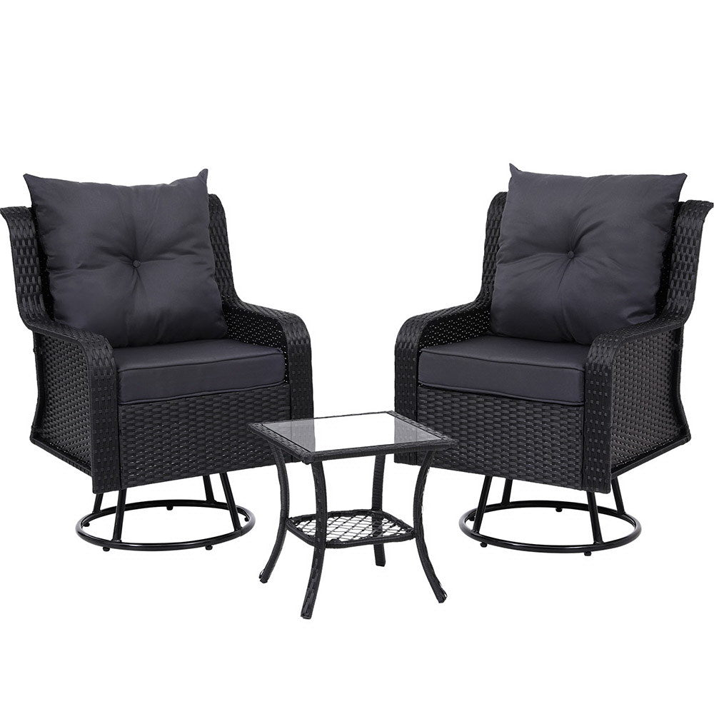 Cinzia Outdoor Furniture Lounge Wicker Swivel Chairs Table Cushion 3-Piece Outdoor Bistro Set - Black