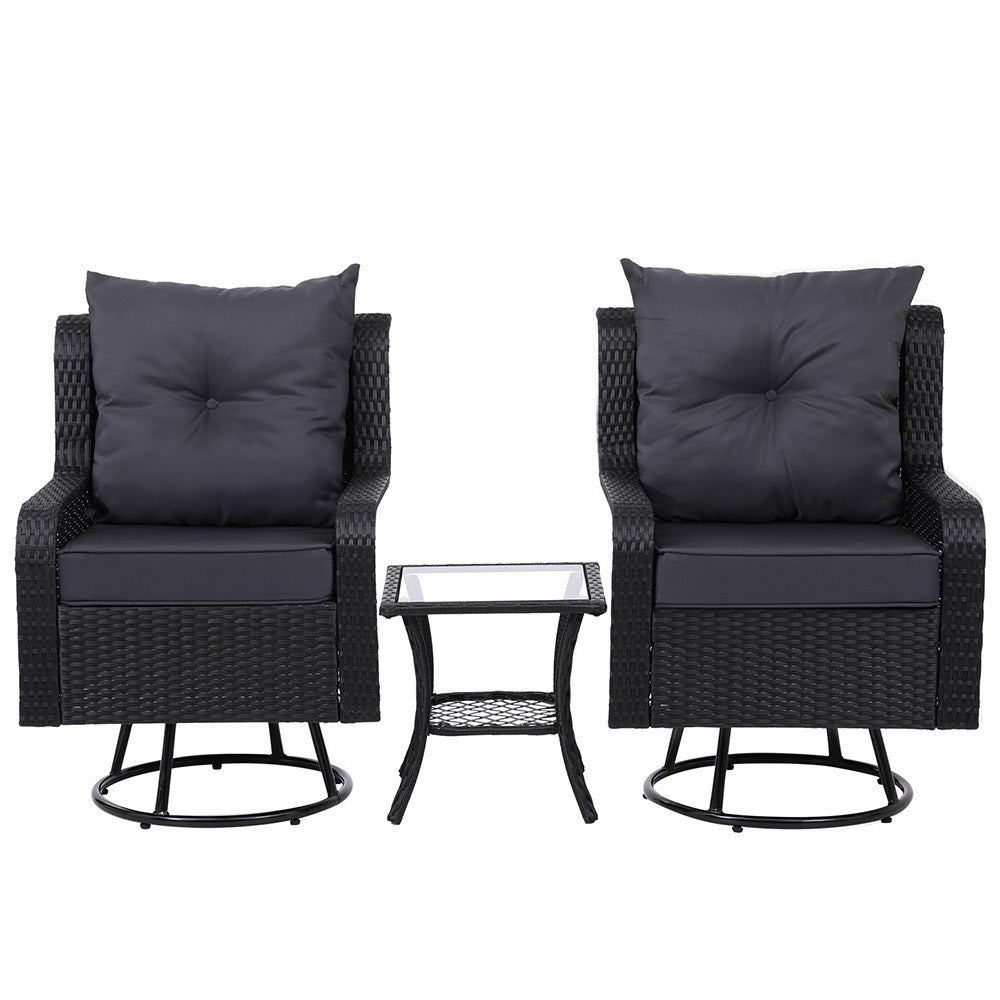 Cinzia Outdoor Furniture Lounge Wicker Swivel Chairs Table Cushion 3-Piece Outdoor Bistro Set - Black