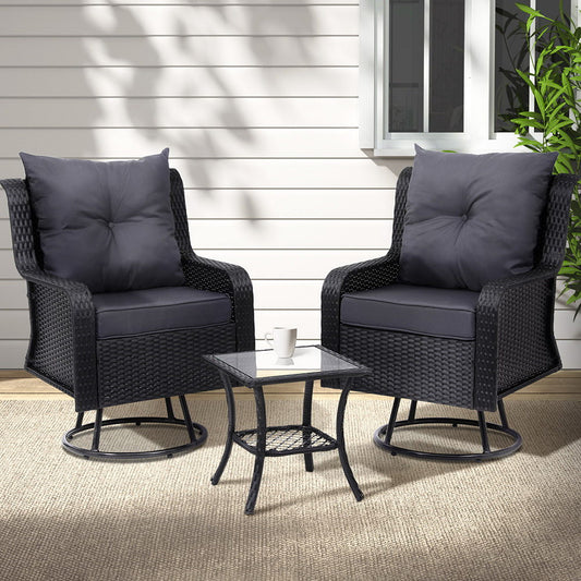 Cinzia Outdoor Furniture Lounge Wicker Swivel Chairs Table Cushion 3-Piece Outdoor Bistro Set - Black