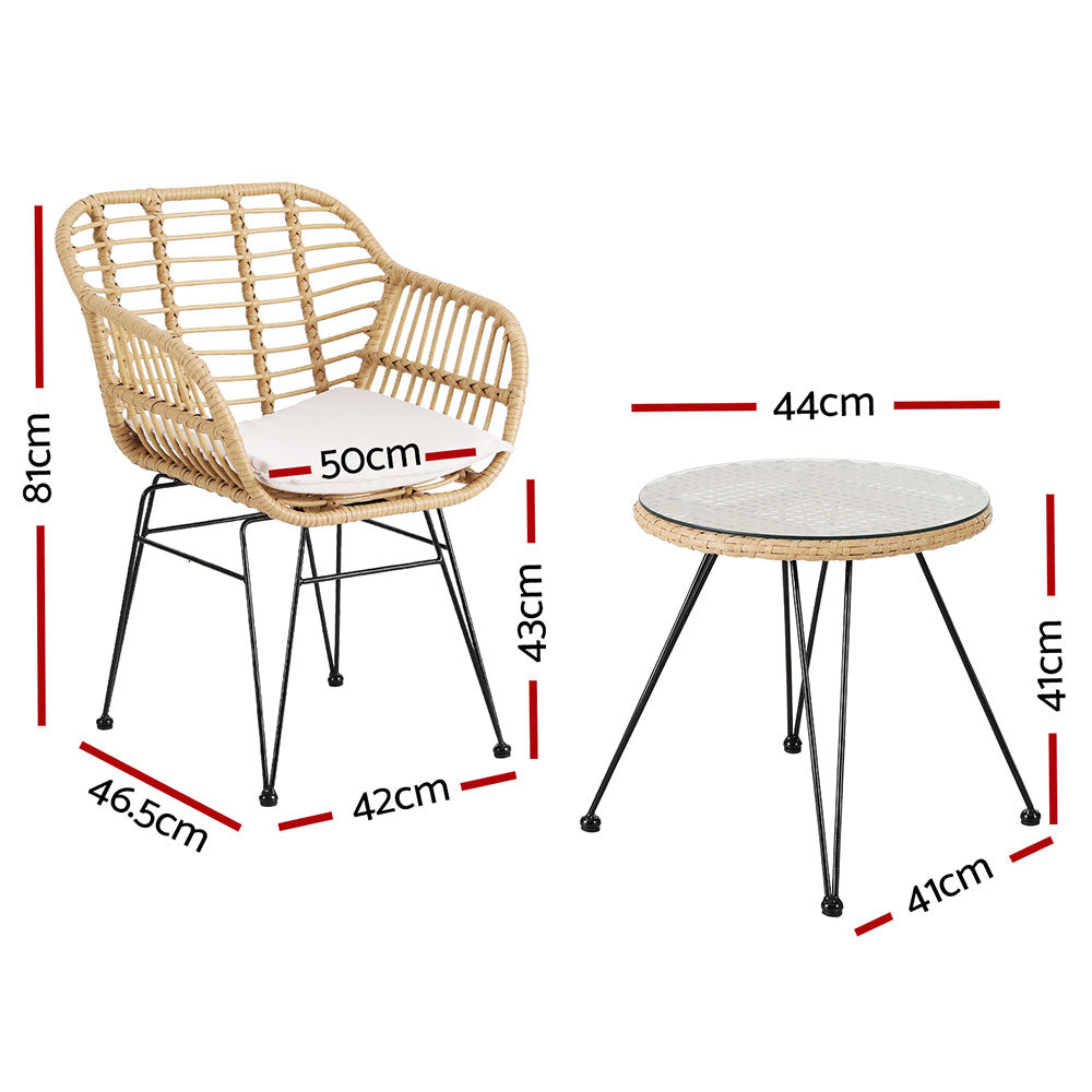 Dalton Outdoor Furniture Lounge Setting Table Chairs Cushion Patio 3-Piece Bistro Set - Oak