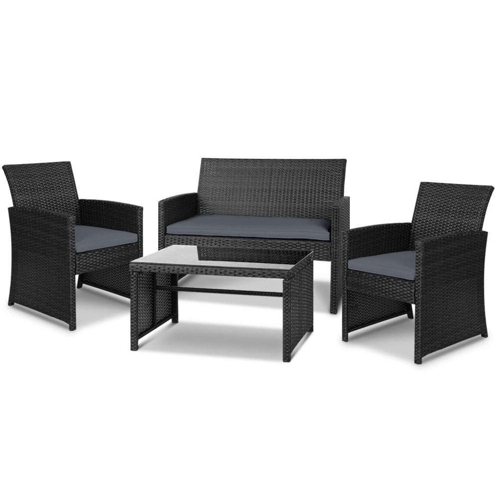 Slough 4-Seater Rattan Chair Table Setting Garden Furniture 4-Piece Outdoor Sofa Set - Black