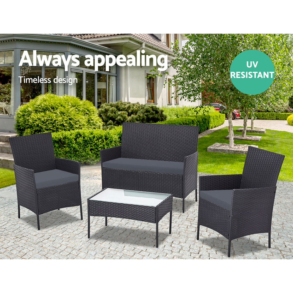 Slough 4-Seater Rattan Chair Table Setting Garden Furniture 4-Piece Outdoor Sofa Set - Black