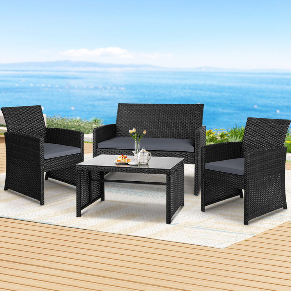 Slough 4-Seater Rattan Chair Table Setting Garden Furniture 4-Piece Outdoor Sofa Set - Black