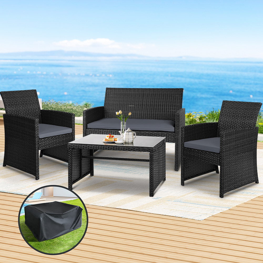 Slough 4-Seater Rattan Chair Furniture 4-Piece Outdoor Sofa Set with Storage Cover - Black