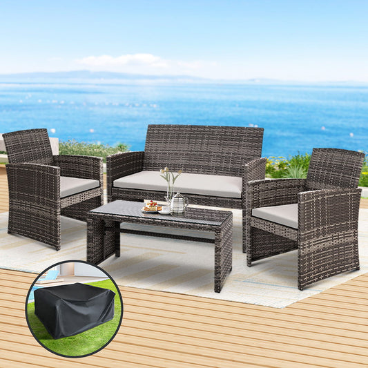 Slough 4-Seater Rattan Chair Furniture 4-Piece Outdoor Sofa Set with Storage Cover - Grey