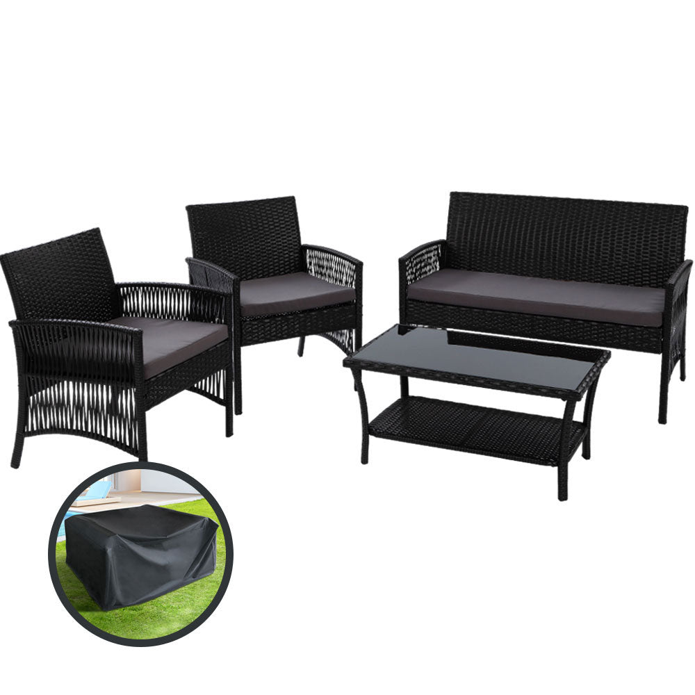 Luis 4-Seater Wicker Harp Chair Table 4-Piece OutdoorSofa Set with Storage Cover - Black