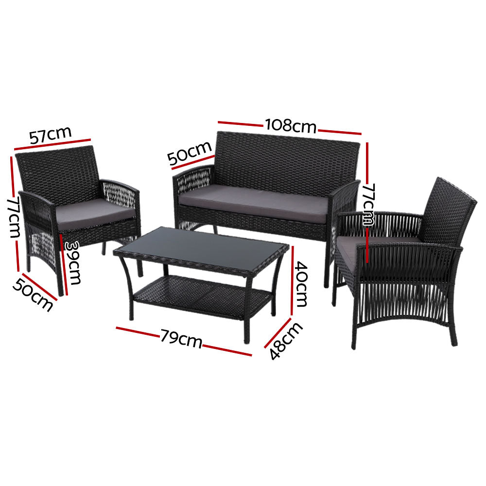 Luis 4-Seater Wicker Harp Chair Table 4-Piece OutdoorSofa Set with Storage Cover - Black