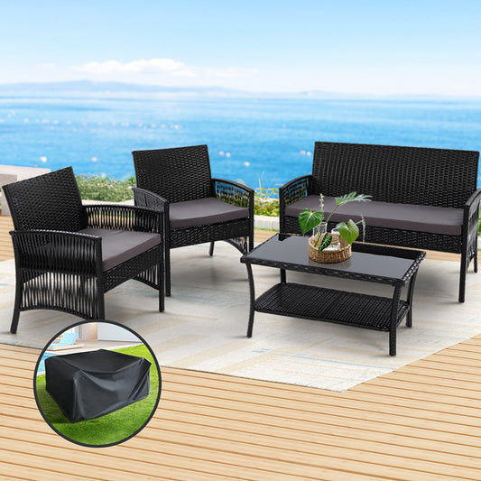 Luis 4-Seater Wicker Harp Chair Table 4-Piece OutdoorSofa Set with Storage Cover - Black