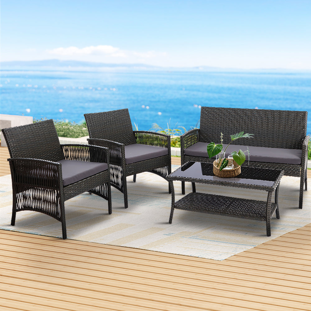 Luis 4-Seater Wicker Harp Chair Table Garden Furniture 4-Piece Outdoor Sofa Set - Grey