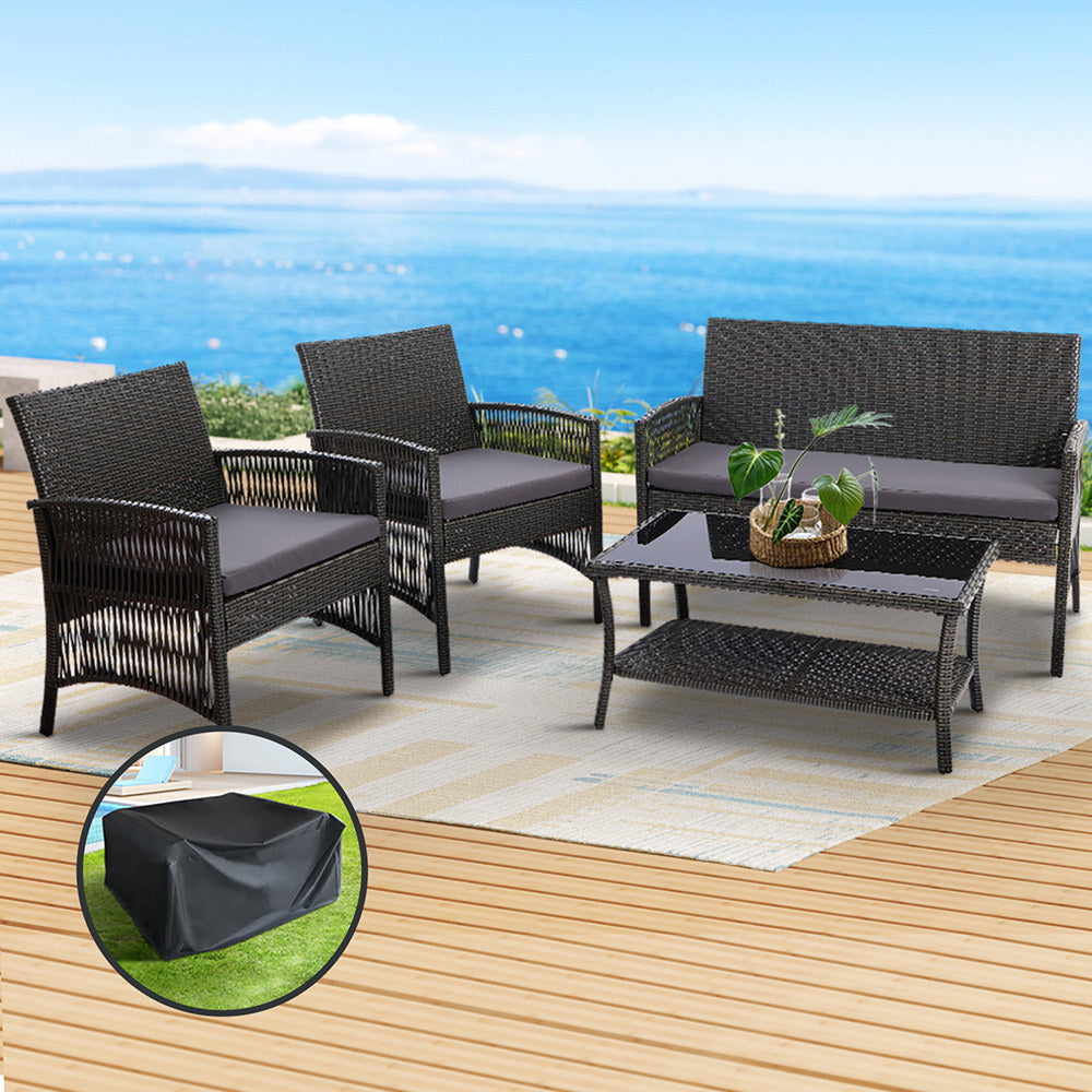 Luis 4-Seater Wicker Harp Table & Chair 4-Piece Outdoor Sofa Set with Storage Cover - Grey