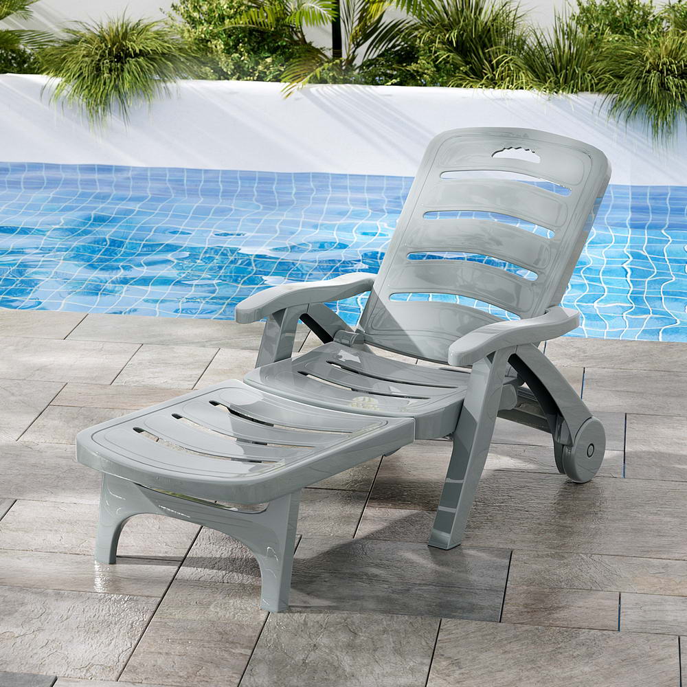 Nemy Sun Lounger Folding Lounge Chair Wheels Patio Outdoor Furniture - Grey