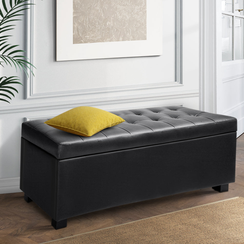 PU Leather Storage Ottoman - Black