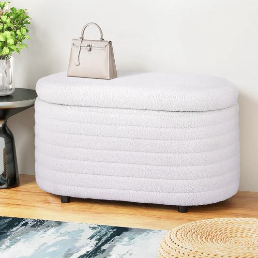 Storage Ottoman Blanket Box 87cm Boucle Fabric Oval - White