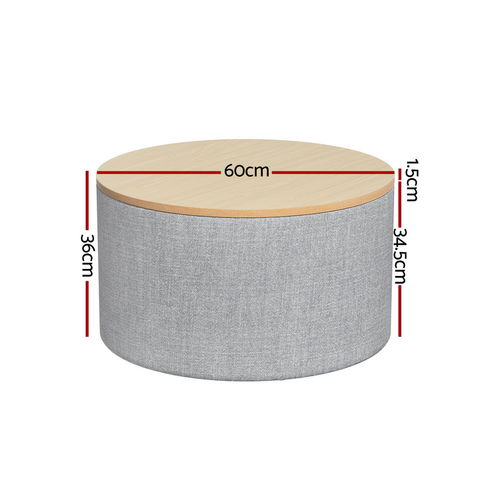 Storage Ottoman Blanket Box 60cm Linen Round - Grey