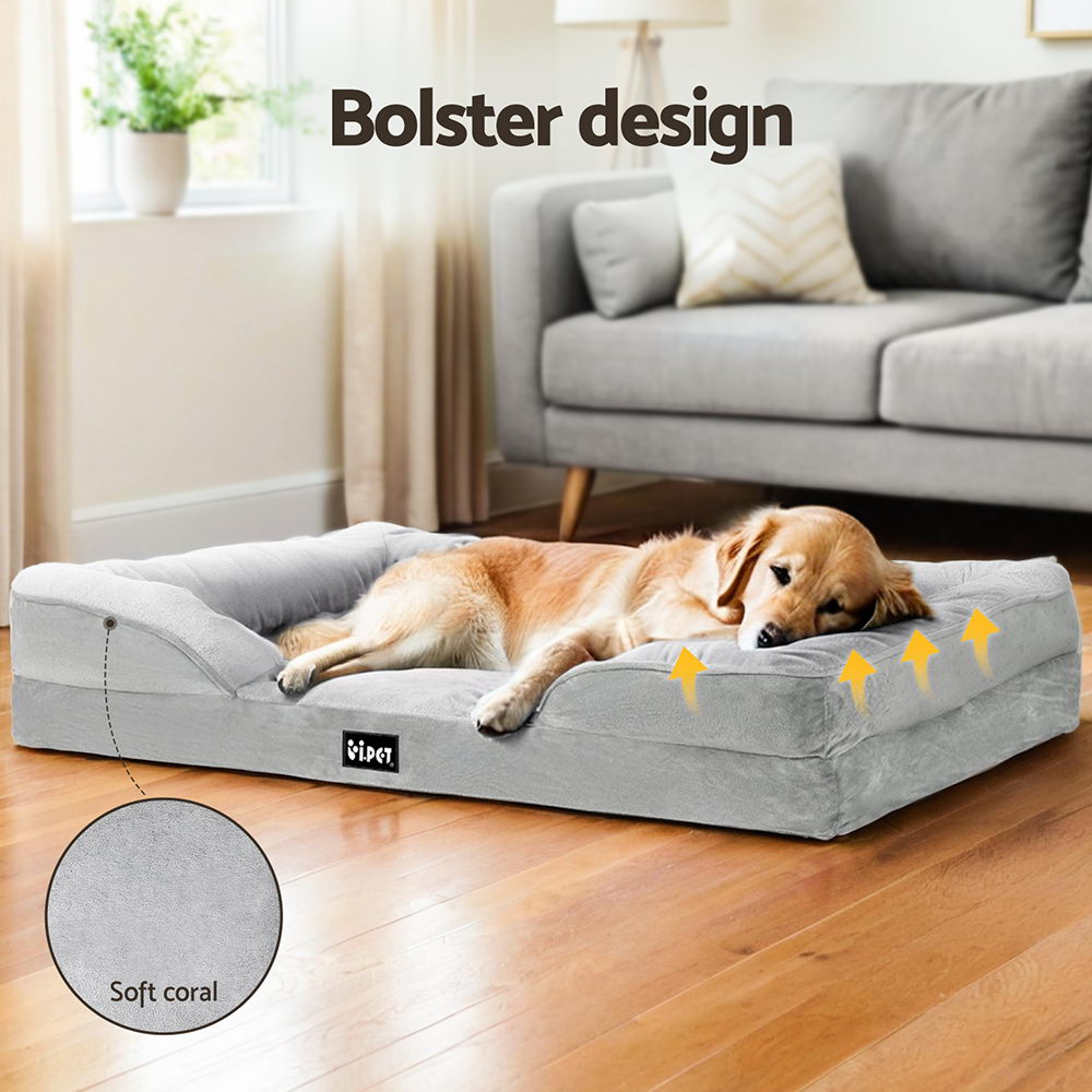 LARGE Dog Beds Pet Calming Soft Cushion Egg Crate Sofa Removable Washable - Grey