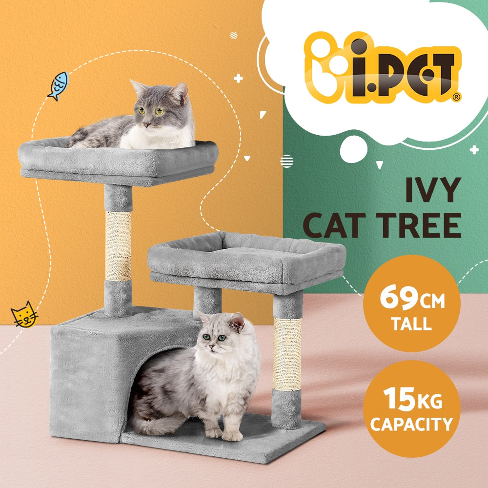 Cat Tree Tower Scratching Post Scratcher Wood Condo House Bed Trees 69cm - Grey