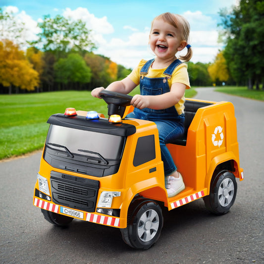 Kids Ride On Car Garbage Truck Police Light 12V Electric Toys Cars - Yellow