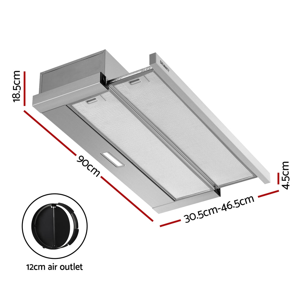 Devanti 900mm Range Hood 90cm Slide out Rangehood Stainless Steel