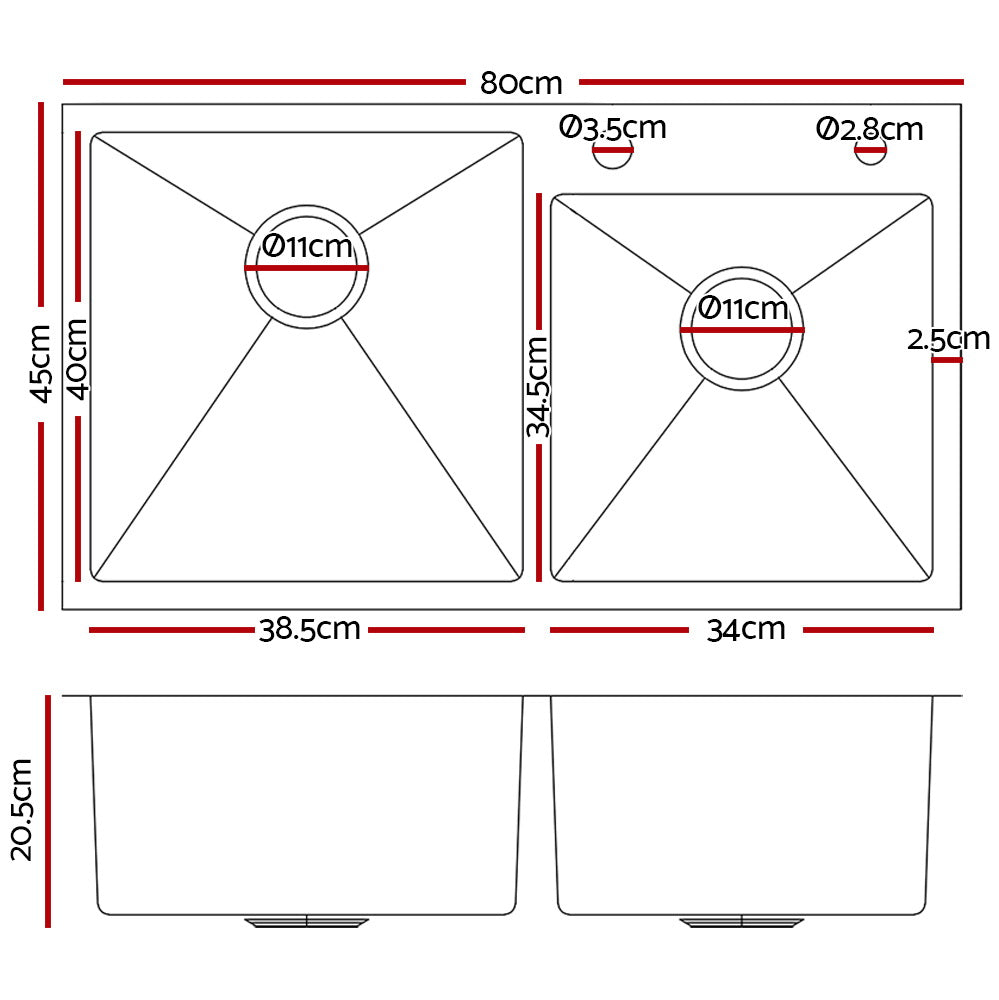 80cm x 45cm Stainless Steel Kitchen Sink Flush/Drop-in Mount Silver