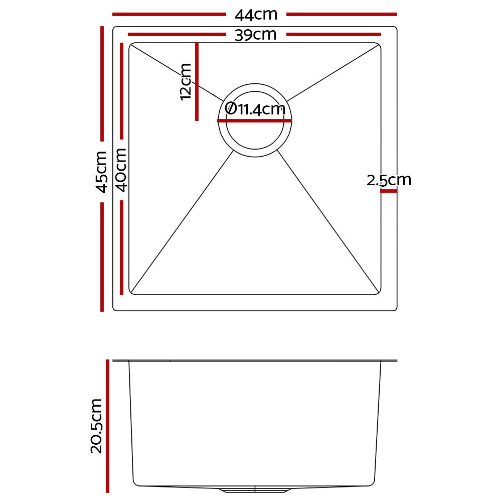 Handmade Kitchen Sink Stainless steel Sink 44cm x 45cm