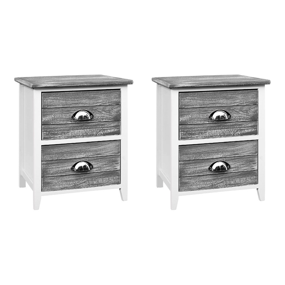 Set of 2 Basques Wooden Bedside Tables Nightstands Storage Cabinet Bedroom Side with 2 Drawers - Grey