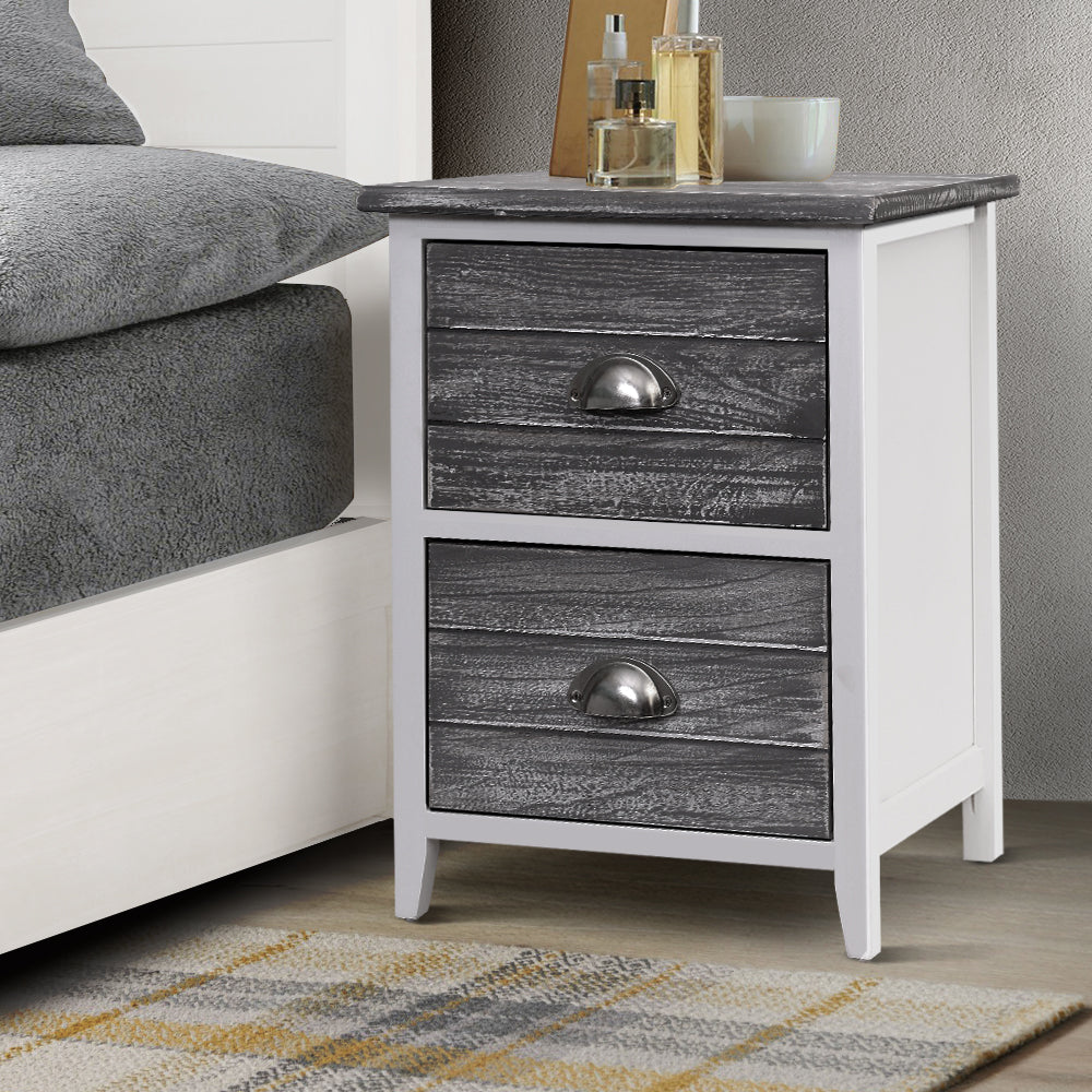 Set of 2 Basques Wooden Bedside Tables Nightstands Storage Cabinet Bedroom Side with 2 Drawers - Grey