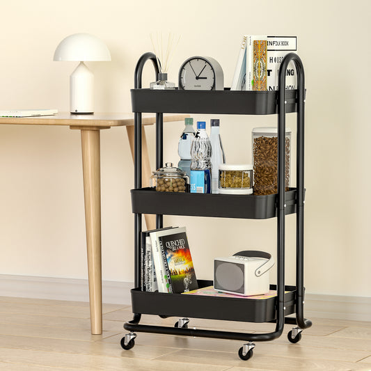 Storage Trolley Kitchen Cart 3 Tiers Rack Shelf Organiser Wheels Black