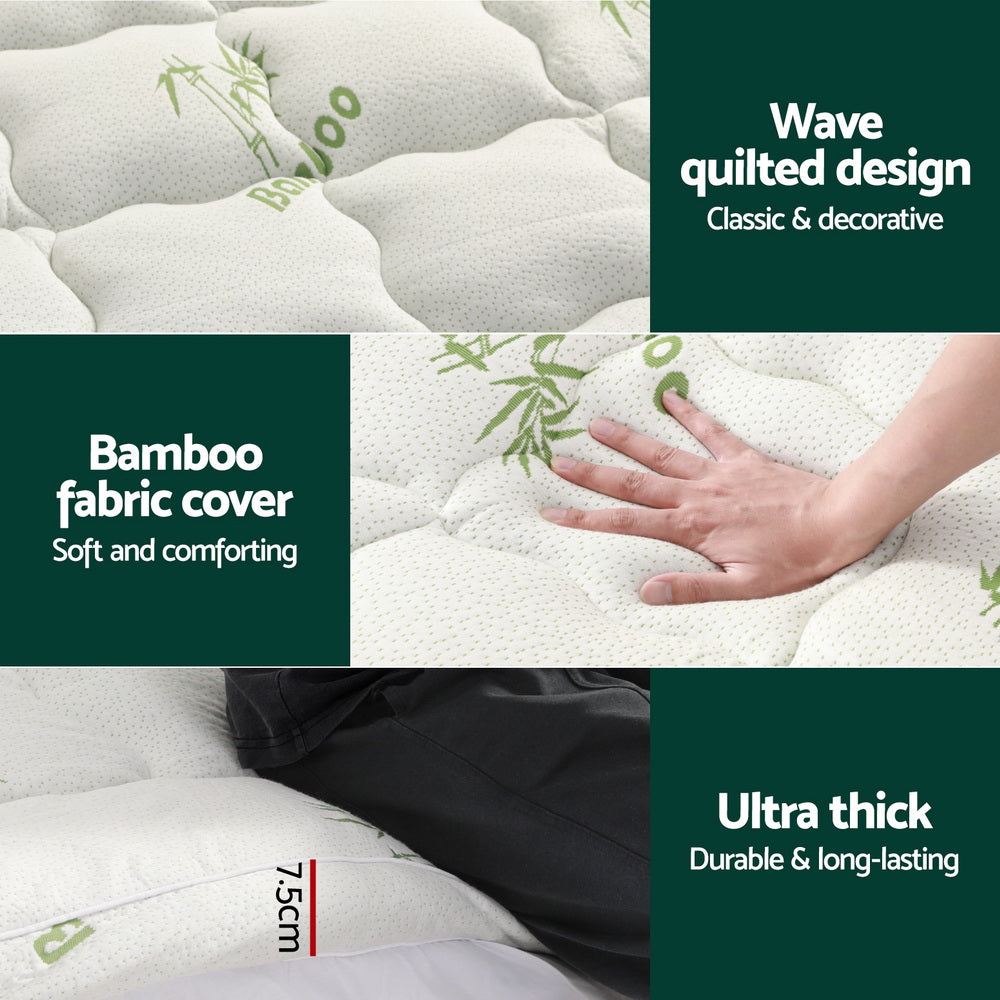 QUEEN 7.5cm Mattress Topper Pillowtop Bamboo - White