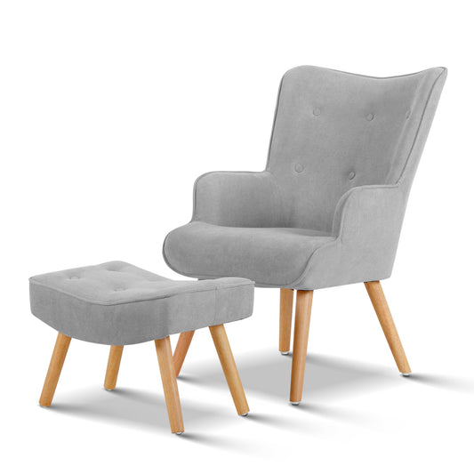 Velvet Armchair and Ottoman - Light Grey