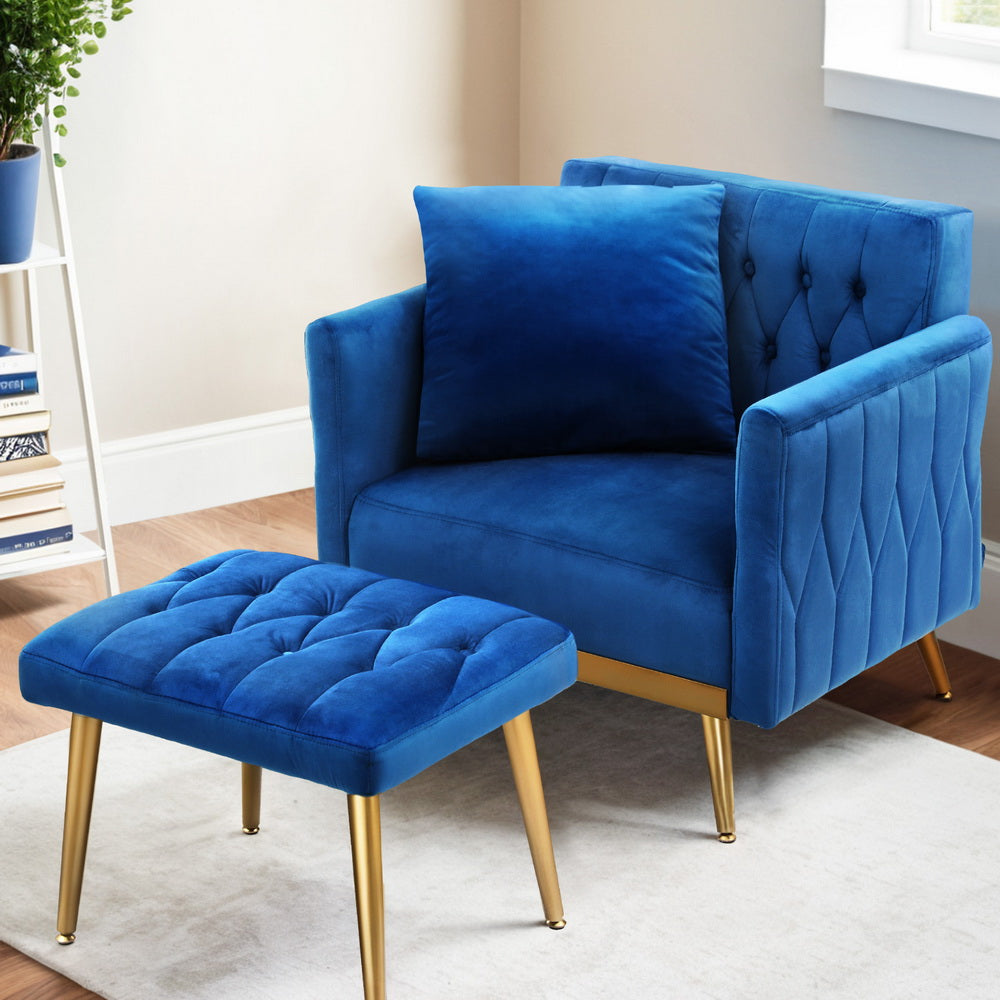 Melanie Armchair Ottoman Accent Chair Pillow Velvet - Blue