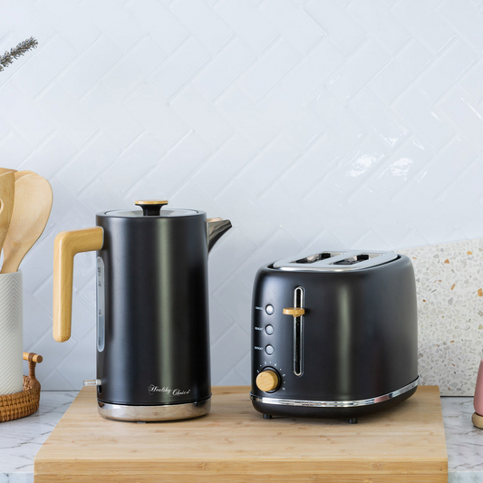 1.7L Kitchen Kettle and 2-Slice Bread Toaster Set in Black with Wood Accents