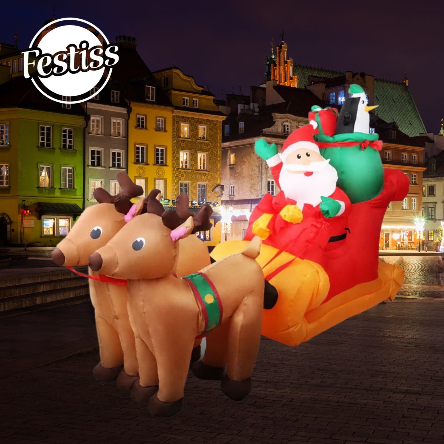 Santa and Reindeer Christmas Inflatable with LED Xmas Decor - 2.2M