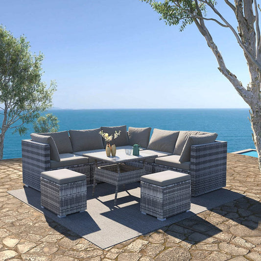 Spencer 7-Seater Wicker Table & Chairs 8-Piece Outdoor Dining Set - Grey