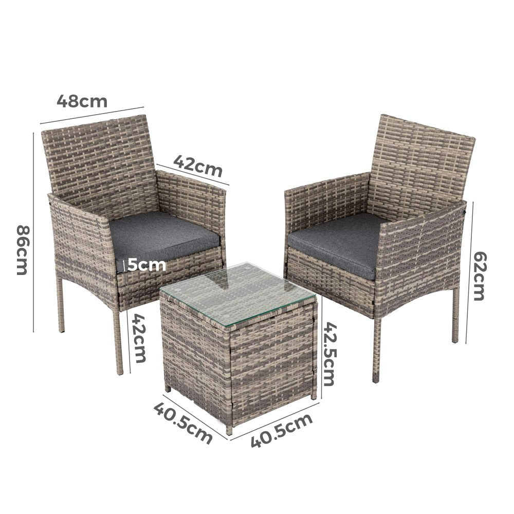 Kelsey 2-Seater PE Rattan Chat Set 3-Piece Outdoor Furniture - Mixed Grey