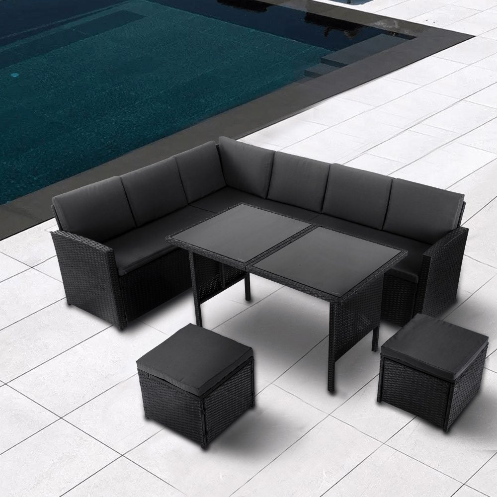 Jules 8-Seater Modular Garden Lounge with Table and Stools 6-Piece Dining Set - Black