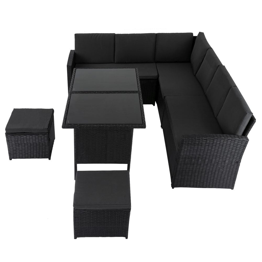 Jules 8-Seater Modular Garden Lounge with Table and Stools 6-Piece Dining Set - Black