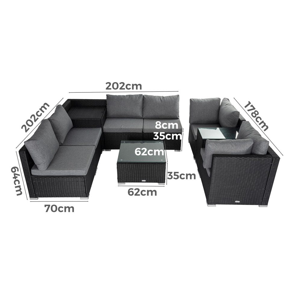 Quincy 8-Seater Modular Armchairs and Coffee Table 9-Piece Outdoor Sofa - Black